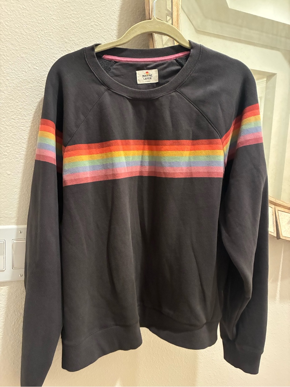 Marine Layer Black Crewneck Sweater with Rainbow Chest Stripe NWOT